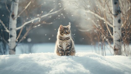 Feline with striped fur resting on a white snowbank in the winter garden, winter season