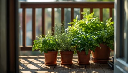 Fototapeta premium Summer scene with potted vegetables and herbs on a balcony, urban home gardening, World Gardening Day