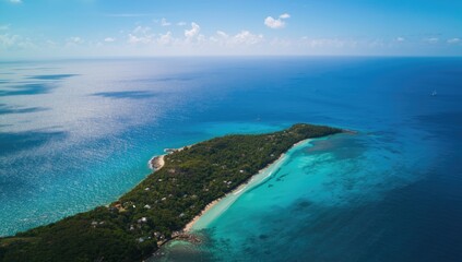 Fototapeta premium Bird's-eye perspective of coastal island scene with sky and water, highlighting tourism and landscape features, World Tourism Day