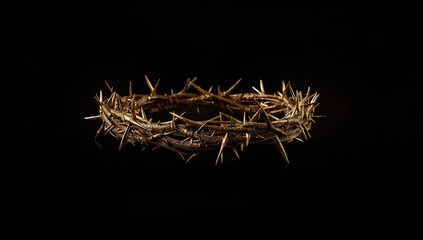 Crucifixion imagery featuring gold-toned cross and woven thorn crown on black backdrop, highlighting religious symbolism