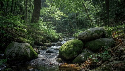Moss covered stones in a mountain forest scene emphasizing water and light for nature-themed landscape textures and garden design