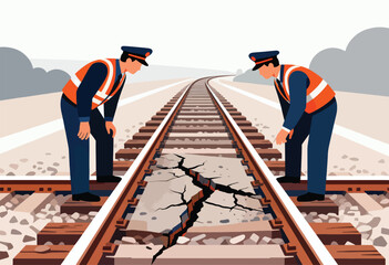 Two workers inspect a large crack on railway tracks