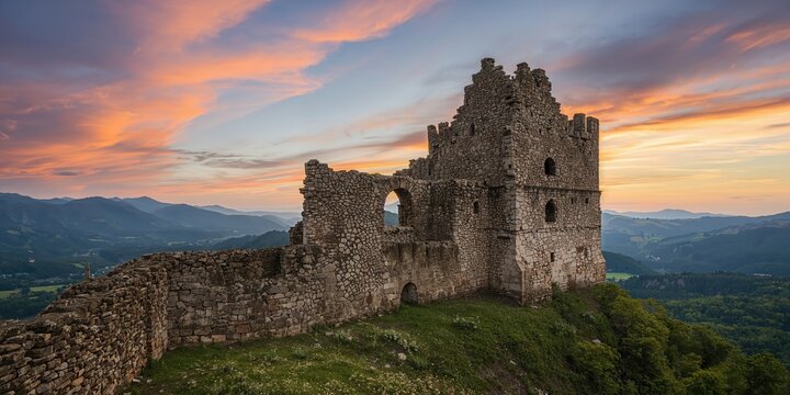 View of Alvinc Martinuzzi Castle ruin in Vintu de Jos with colorful sunset, historical preservation at sunset