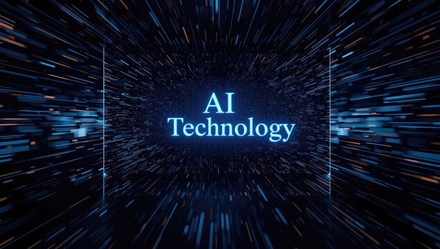 Digital text visualization of AI technology with screen distortions and interference patterns, ideal for technology interface backgrounds - Powered by Adobe