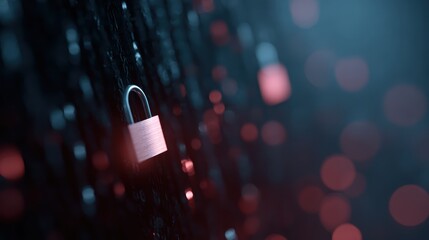 Cybersecurity concept with lock icon and data network visualization, digital safety background