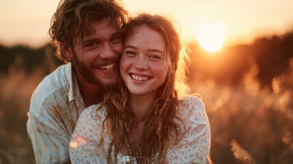 A joyful couple embraces under a vibrant sunset, surrounded by glowing fields, capturing the essence of love, happiness, and shared moments in a picturesque setting.
