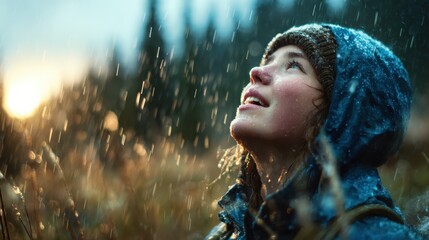 A joyful child looks up to the sky with a big smile as raindrops fall around, capturing the essence of childhood wonder and love for nature's beauty in a forest scene.
