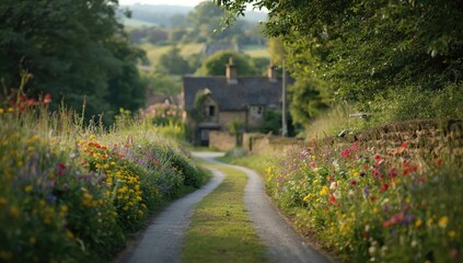 Fototapeta premium Stone-walled country lane with blooming flowers and lush greenery leading to quaint cottages, suitable for scenic roadways