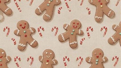 Festive Gingerbread Men and Candy Canes Pattern for Christmas.