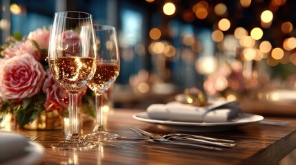 An elegantly set dining table adorned with sparkling wine glasses and beautiful roses, creating a romantic and inviting atmosphere perfect for special occasions.