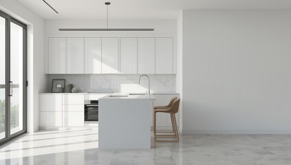 Open plan apartment with a contemporary kitchen setup, highlighting space utilization and lighting