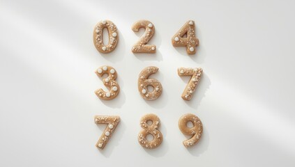 Decorative gingerbread cookies in numerical shapes from one to zero, suitable for holiday treats or party favors