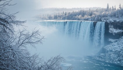 Frozen Snoqualmie Falls in winter, emphasizing natural erosion and seasonal change, winter