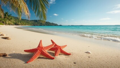 Beach scene with two starfishes on the sand, summer holiday setting for promotional use