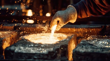 Medium shot of a worker wearing heatresistant gloves carefully pouring molten metal into a mold highlighting intense focus and safety protocols.