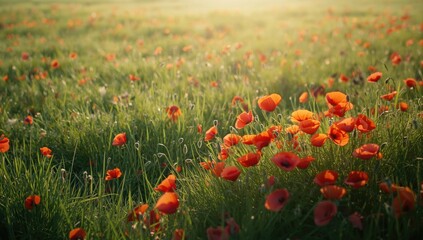 Bright red poppies scattered across a verdant meadow illuminated by warm sun, showcasing natural floral growth