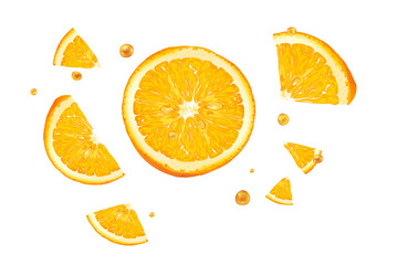 Fresh orange fruit slices and juice droplets floating with vibrant healthy summer energy isolated vector illustration © Das