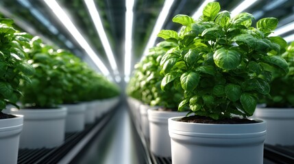 A vibrant display of healthy green basil plants in pots under bright indoor lighting, representing growth, freshness, and the joy of gardening in an indoor environment.