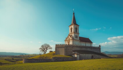 Fototapeta premium Ancient church structure against a clear blue sky, emphasizing architectural conservation and religious history, European heritage