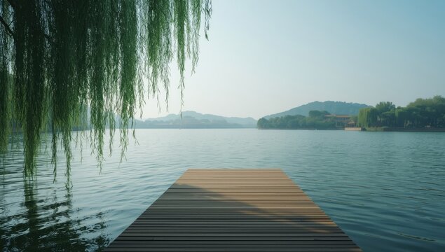 Vehicle stopped at a platform by West Lake in Hangzhou, China, highlighting transit station design
