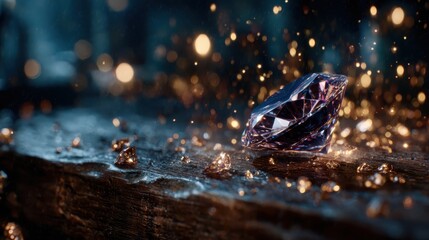A beautifully cut purple diamond rests on a rustic wooden surface, surrounded by enchanting sparkles that shimmer, portraying luxury and elegance in a magical atmosphere.
