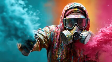 An explosive moment captured of an artist in a colorful mask, vigorously throwing vibrant powder, radiating creativity and joy in a euphoric palette of colors.