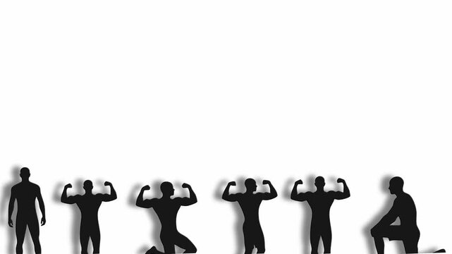 Silhouettes of strong people showing muscles on white background row