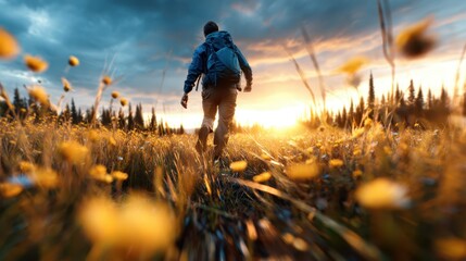 A lone hiker walks through a stunning field of wildflowers during sunset, capturing the beauty of nature and the sense of adventure that comes with exploration in solitude.