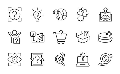 Question line icon collection.  FAQ, manual, search, guidance, instruction, onfusion, asking and questioning, question mark, survey line icon set.