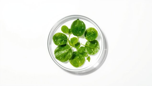 Raw gotu kola cultivated in petri dish on white surface, highlighting plant propagation or laboratory study