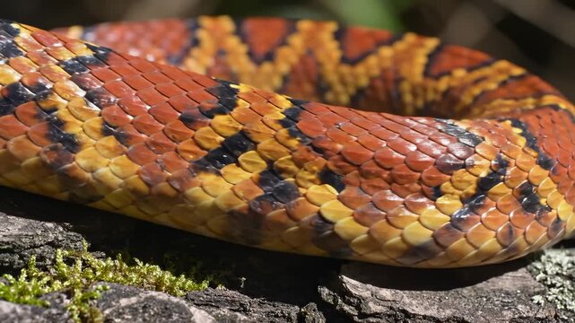 Close Up of Orange and Black Corn Snake Scales on Wood