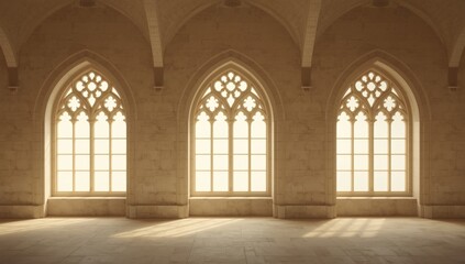 Obraz premium Medieval cathedral interior showcasing Gothic arch silhouettes in church windows, constructed from aged stained glass panels