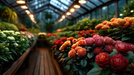 This enchanting image showcases a vibrant collection of flowers bursting with color in a beautifully illuminated greenhouse, creating a serene and inviting atmosphere.