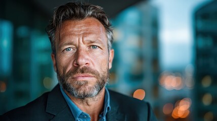 Obraz premium A serious entrepreneur stands confidently with a determined expression against a blurred city backdrop, showcasing leadership qualities and resilience in a modern world.