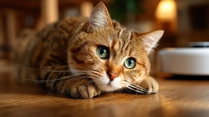 A close-up shot of an adorable cat with striking green eyes lying on wooden flooring, perfectly capturing feline curiosity and the warmth of home in a peaceful setting.