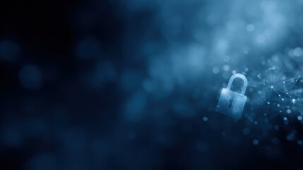 Cybersecurity concept with lock icon and data network visualization, digital safety background