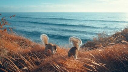 Autumn scenery along Takeyano coast featuring Japanese squirrels in a breeze, highlighting natural landscape and erosion concerns