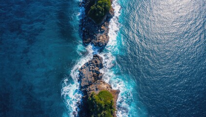Top-down perspective of coastal waves hitting a rocky cliff, highlighting natural erosion processes