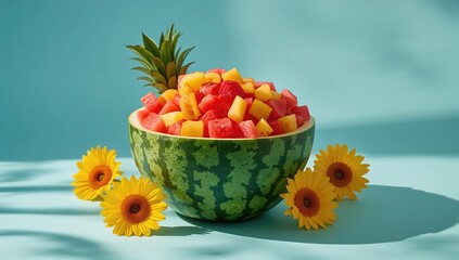 Naklejka premium Bowl of sliced watermelon and pineapple, used as a refreshing fruit serving for summer gatherings, World Fruit Day