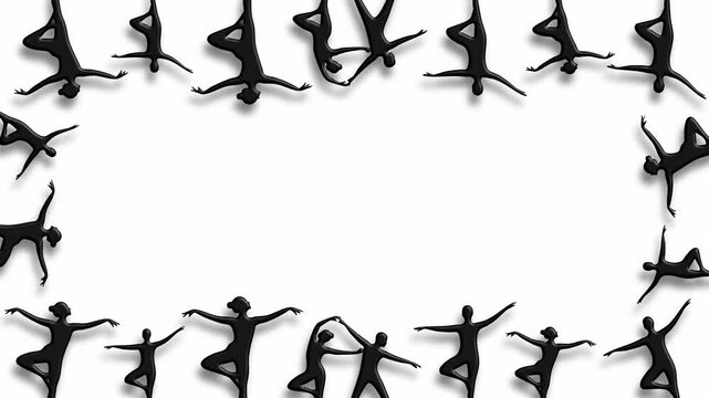 Frame of dancing people silhouettes on white background center space