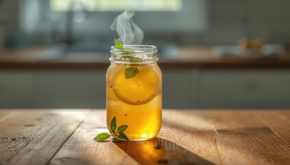 Fresh ginger and herbs mixed with honey and lemon in water, serving as a natural beverage for summer hydration