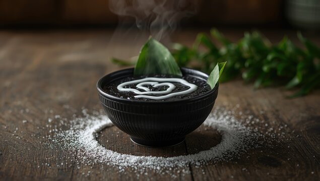 Indonesian black sticky rice pudding with smooth, dark grains, highlighting dessert preparation and cultural cuisine