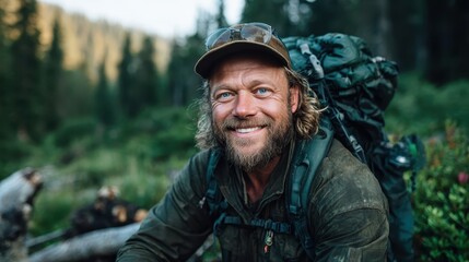 Obraz premium A cheerful man with a rugged backpack smiles warmly in a lush green forest, radiating a sense of adventure and connection to the great outdoors and natural beauty.