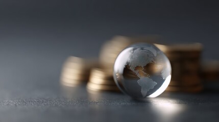 Global finance system visualization with crystal globe on coins, economic growth and banking theme