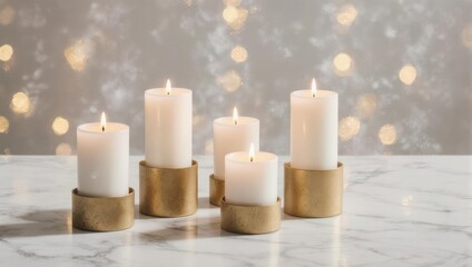 Five lit white pillar candles on marble table with bokeh background.