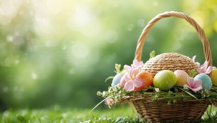 Close-up of a straw hat adorned with eggs and flowers for Easter, holiday attire detail