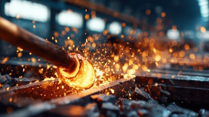 This dynamic image captures molten glass being expertly shaped, with sparks flying amidst a backdrop of motion and heat, showcasing the artistry of glassblowing.