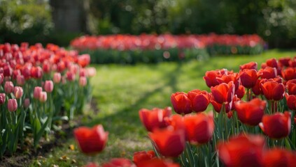 Obraz premium Lush green field with blooming red and pink flowers in a vibrant summer garden setting, suitable for editorial headers