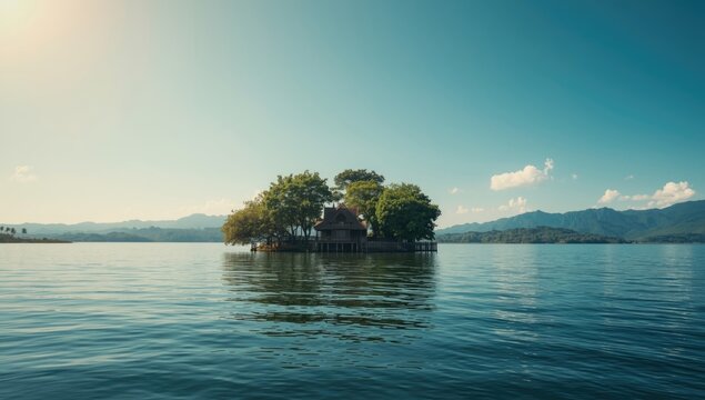 Lakeside house surrounded by greenery and mountains in summer, highlighting nature and outdoor living, World Environment Day - Powered by Adobe