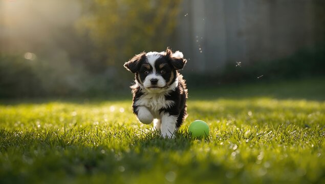 Small Havanese dog in black and white fur retrieving a green ball during outdoor play, highlighting routine exercise in a garden
